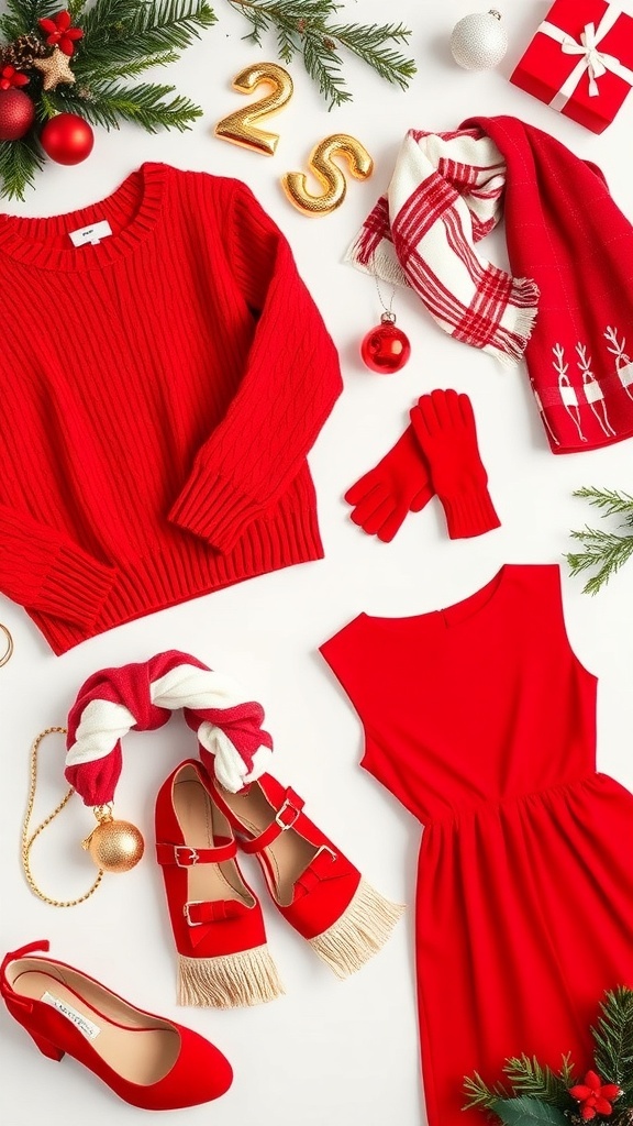 Flat lay of red and white Christmas outfits with holiday decorations.